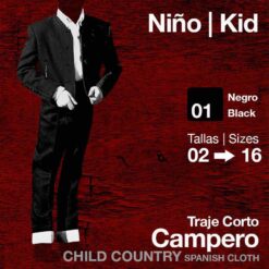 TRAJE CORTO CAMPERO NIÑO NEGRO - Talla: 10