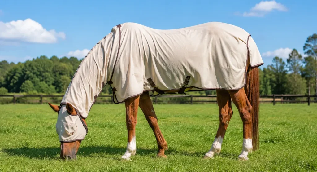 Antimoscas para caballos - máscara de malla en caballo bayo - Cabalium