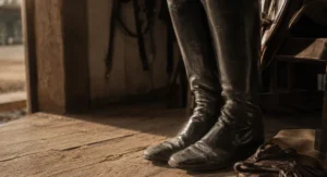 Botas de montar altas de cuero junto a la silla en la cuadra