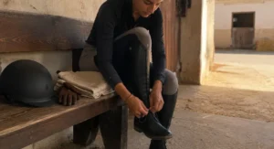 Jinete principiante equipándose con casco, pantalón y botas de equitación antes de una clase en Cabalium
