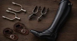 Espuelas de equitación inglesas y vaqueras con correas de cuero y bota de doma
