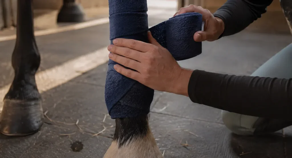 Vendaje del caballo aplicado sobre la caña con bajo venda